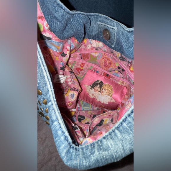 Vintage Retro Fiorucci Brass Stud Denim Hobo Pink Angel Lining & Interior Pocket - Picture 9 of 16